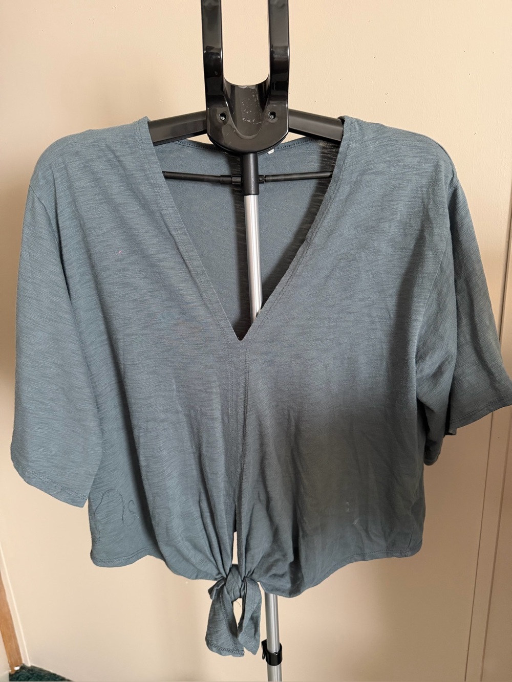 lovestitch Slate Blue Tie-Front V-Neck Crop Top